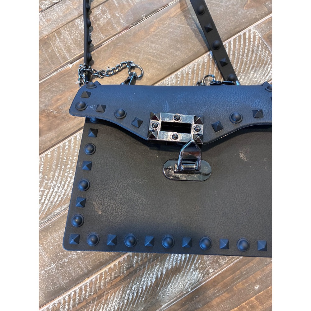 Studded Black Crossbody Bag Purse Rocker‎ Chic Punk Silver Hardware Chain Strap